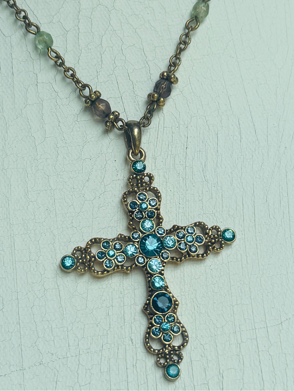 Vtg 80s Nina Ricci for Avon Blue Crystal Cross Pendant Necklace Filigree Signed